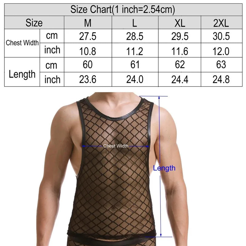 Mens Super Sexy Diamond Shape Mesh Sleeveless Tank Top Perspective Sheer Thin Stretch Fitness Casual o-neck Vest Undershirt