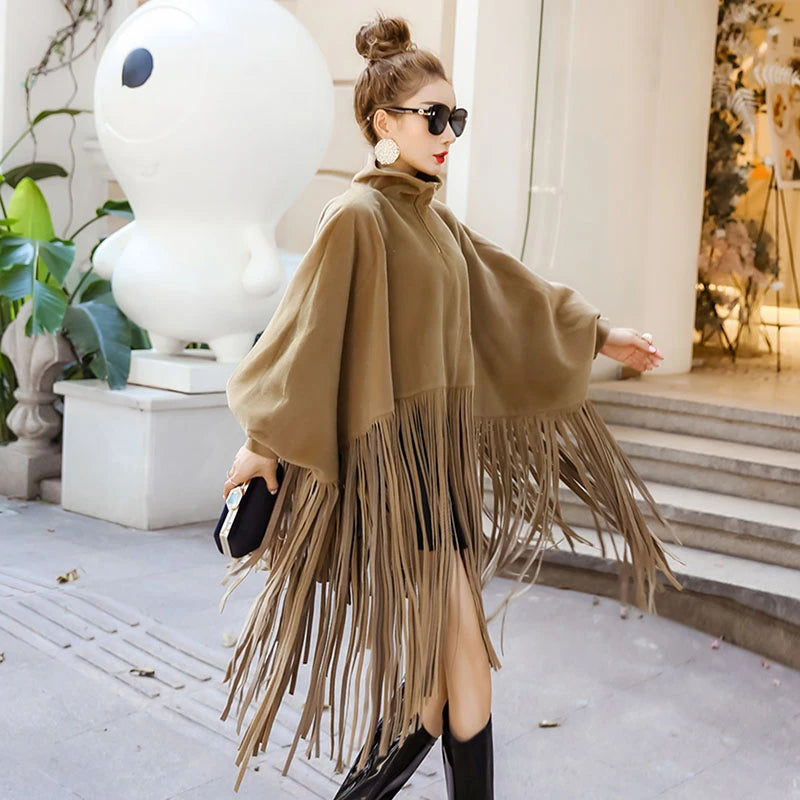 Autumn Black Jacket Loose Tassels Turtleneck Top