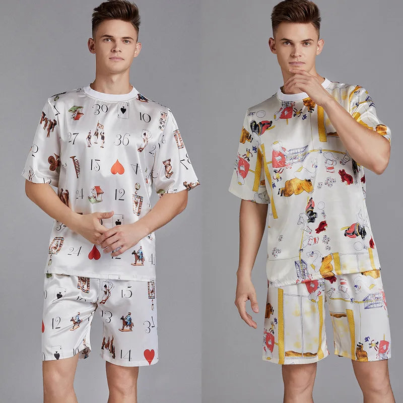 Men Set Print Satin Men Pajama Suit