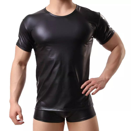 Men's Faux Leather Elastic Slim T-shirt