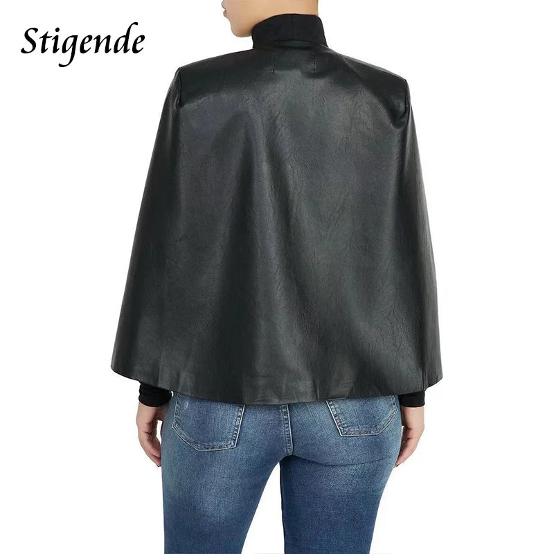 Stigende Sexy Faux Leather Black Cape Blazer