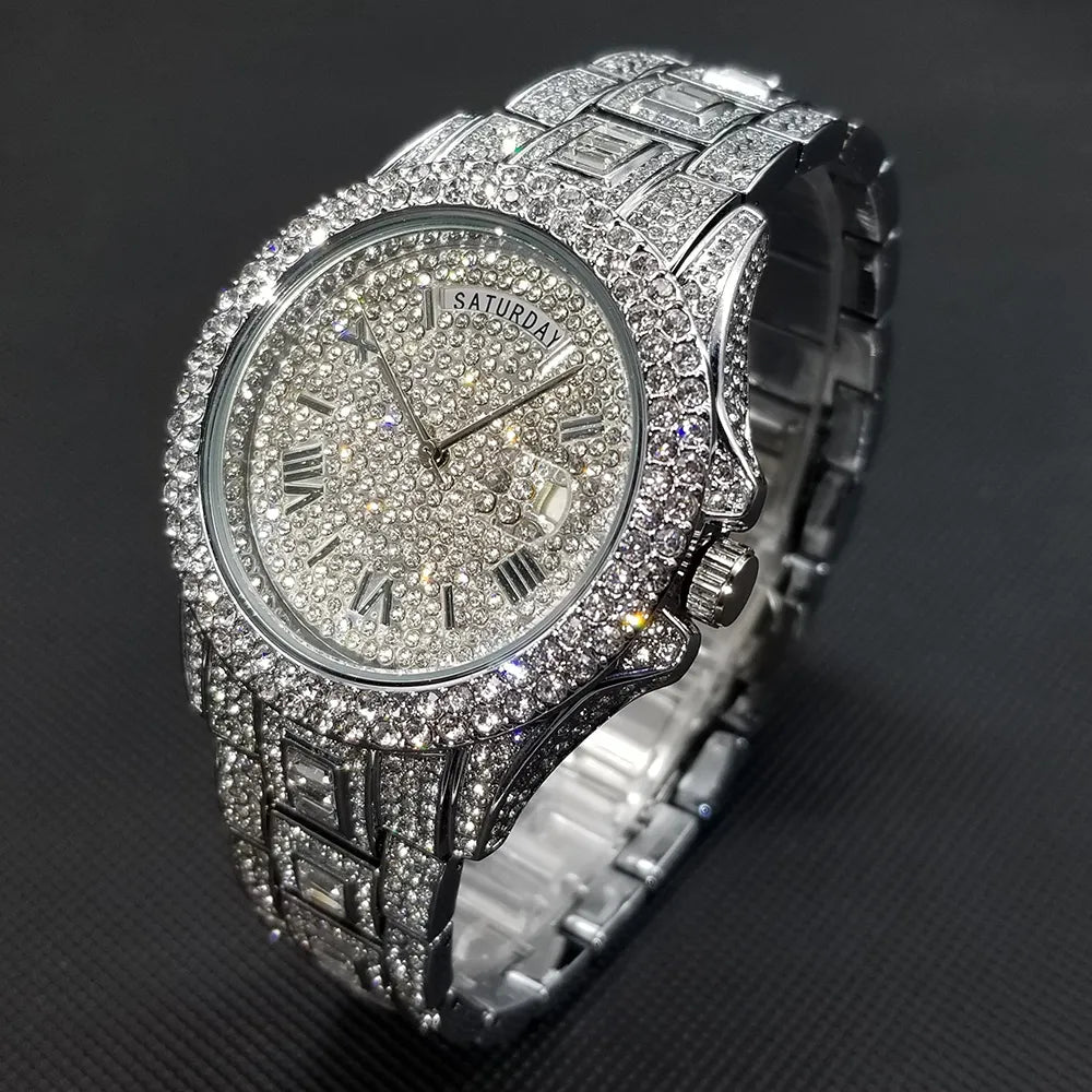 New Day Date Watch For Men Luxury Full Diamond Silver Quartz