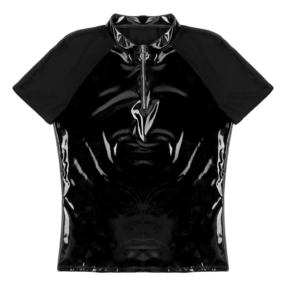 See Through Sheer Short Sleeve Half Front Zipper T-Shirt