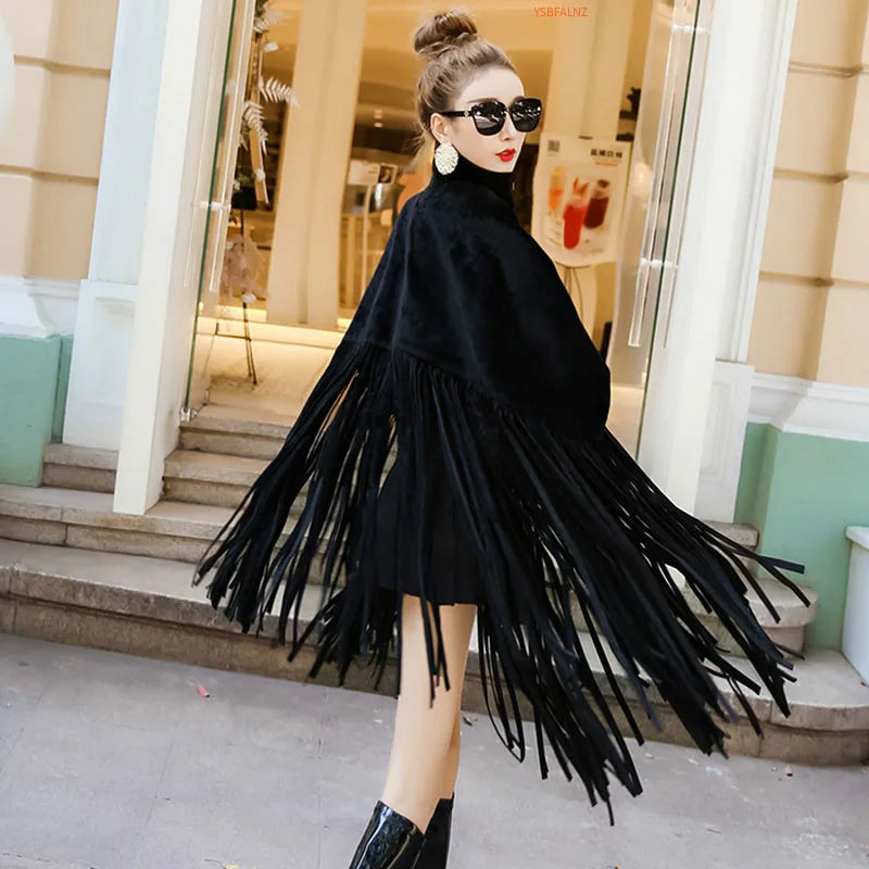 Autumn Black Jacket Loose Tassels Turtleneck Top