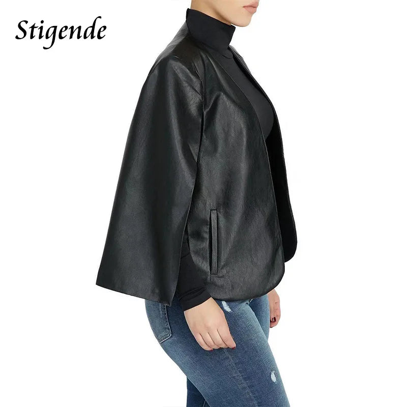 Stigende Sexy Faux Leather Black Cape Blazer