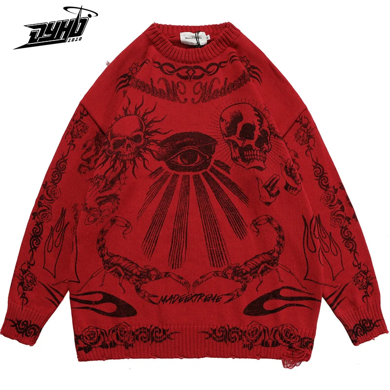 Oversized Sweater Men Women Harajuku Skull Graffiti Retro Vintage Knitted Sweater