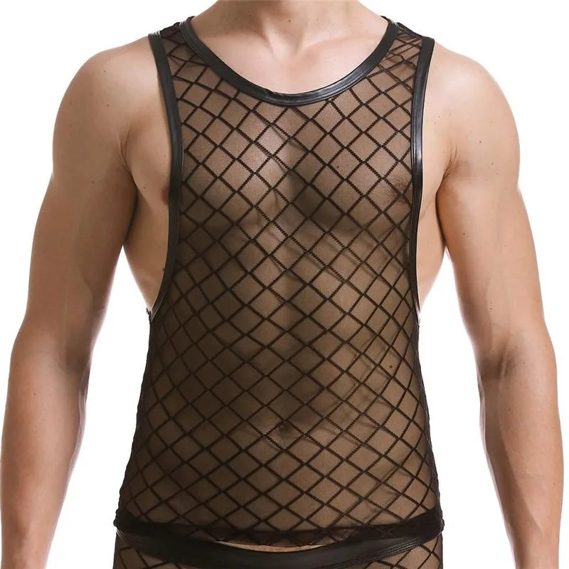 Mens Super Sexy Diamond Shape Mesh Sleeveless Tank Top Perspective Sheer Thin Stretch Fitness Casual o-neck Vest Undershirt