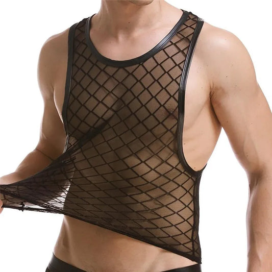 Mens Super Sexy Diamond Shape Mesh Sleeveless Tank Top Perspective Sheer Thin Stretch Fitness Casual o-neck Vest Undershirt