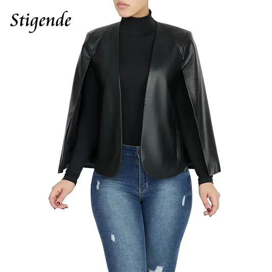 Stigende Sexy Faux Leather Black Cape Blazer