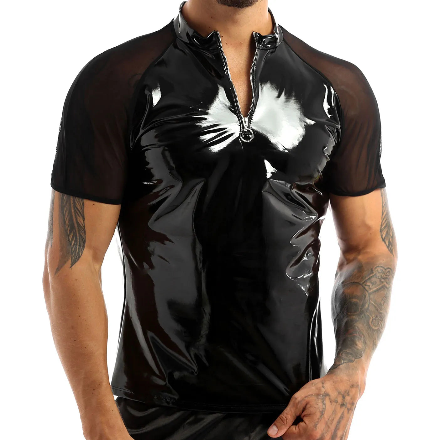 See Through Sheer Short Sleeve Half Front Zipper T-Shirt