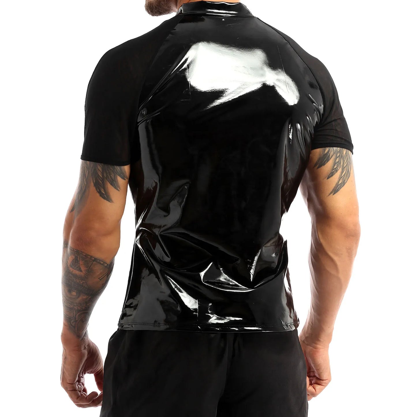 See Through Sheer Short Sleeve Half Front Zipper T-Shirt