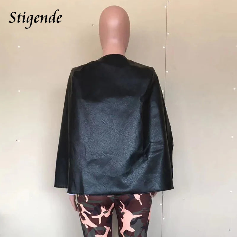 Stigende Sexy Faux Leather Black Cape Blazer