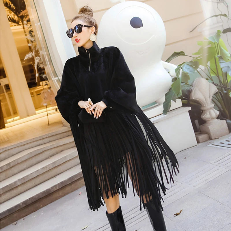 Autumn Black Jacket Loose Tassels Turtleneck Top