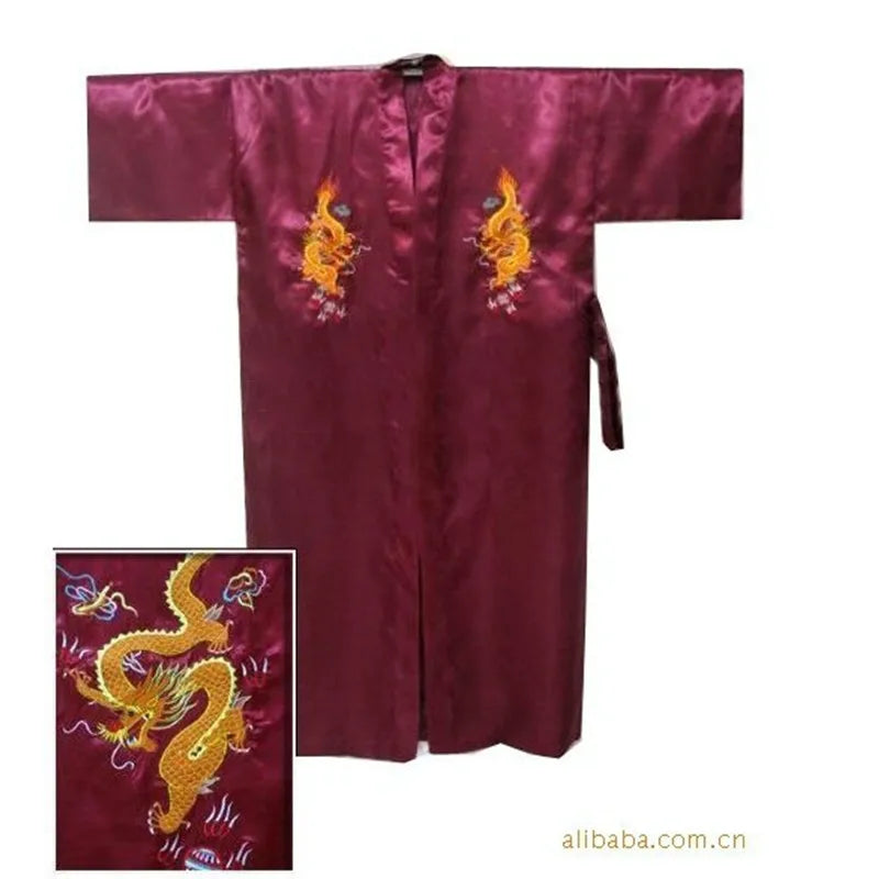 Chinese Men's Satin Silk Robe Dragon Embroidery Kimono Bath Gown