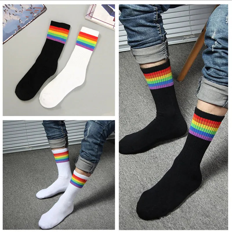 1 Pair Rainbow Stripe Cotton Socks LGBT Gay Les Proud Socks