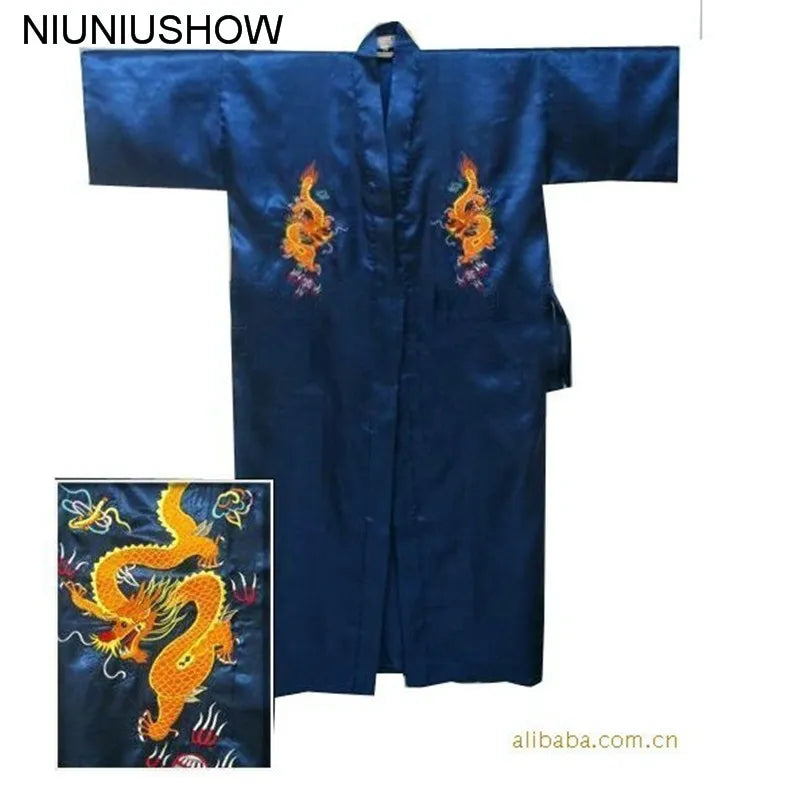 Chinese Men's Satin Silk Robe Dragon Embroidery Kimono Bath Gown