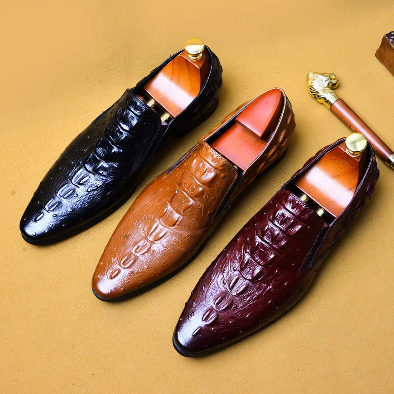 Croc Embossed Pointed Toe Leather Loafer Dress Shoe