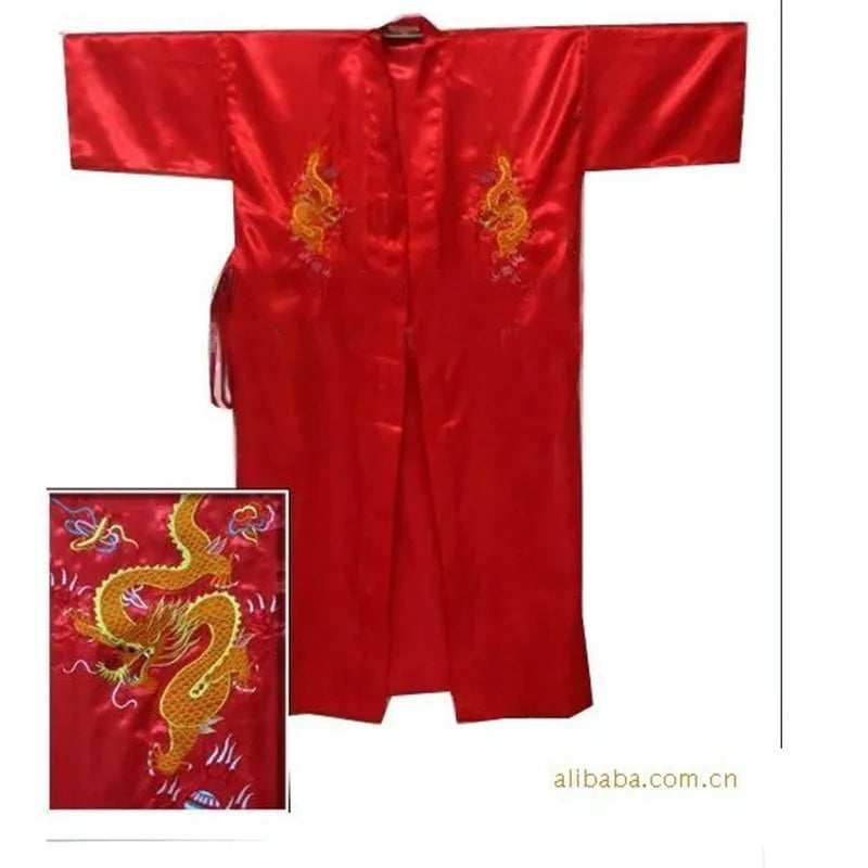 Chinese Men's Satin Silk Robe Dragon Embroidery Kimono Bath Gown