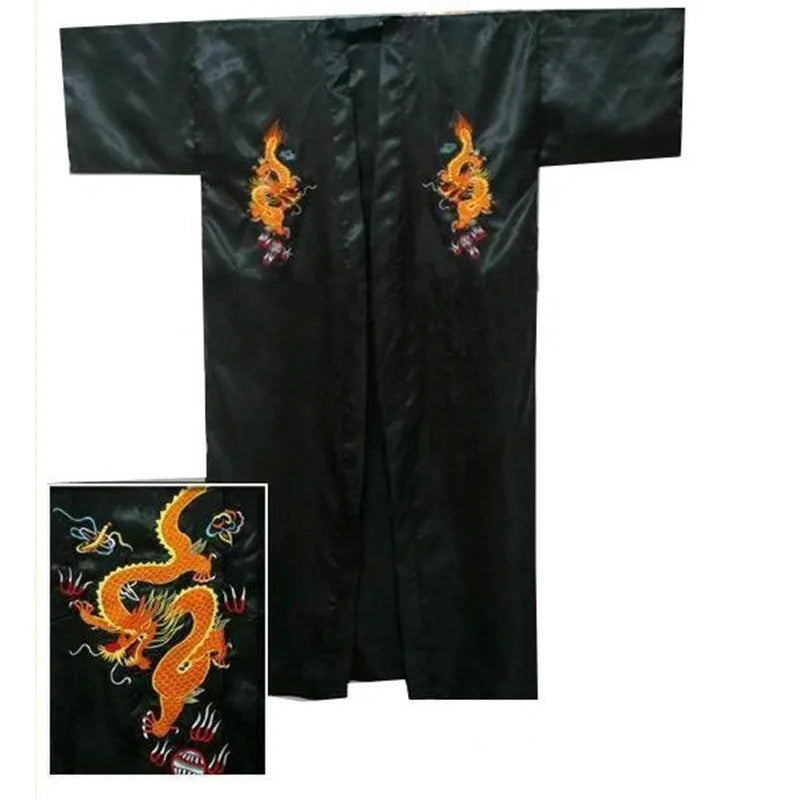 Chinese Men's Satin Silk Robe Dragon Embroidery Kimono Bath Gown