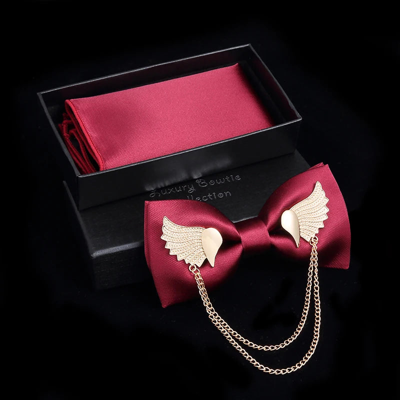 Adjustable Men's Bow Tie Metal Wing Bowtie Pocket Square Gift Set