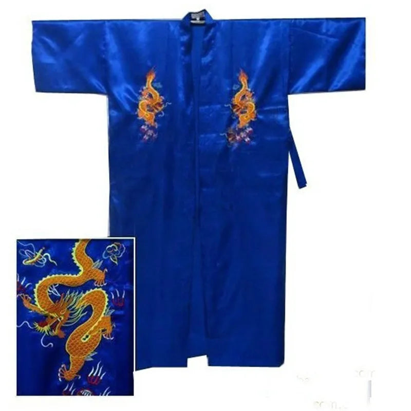 Chinese Men's Satin Silk Robe Dragon Embroidery Kimono Bath Gown