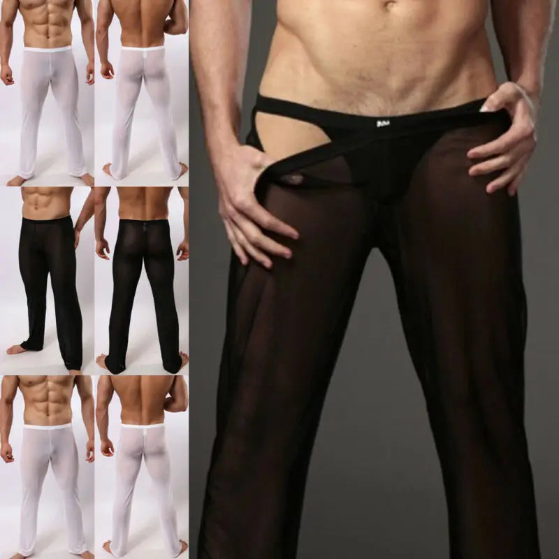 Hiriginr Men's Sexy Soft Mesh Sheer See-through Stretch Pants Trousers Sleepwear Hot Transparent Men Pants Homewear