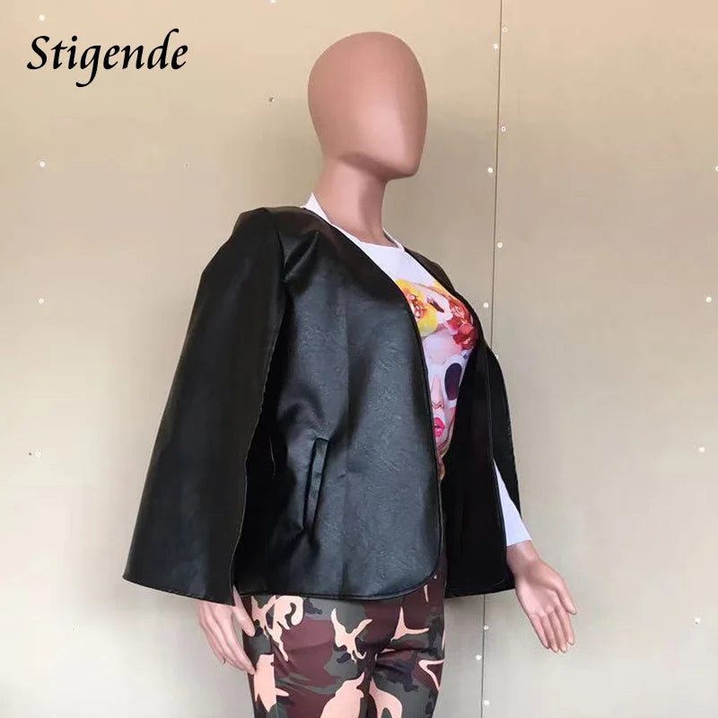 Stigende Sexy Faux Leather Black Cape Blazer