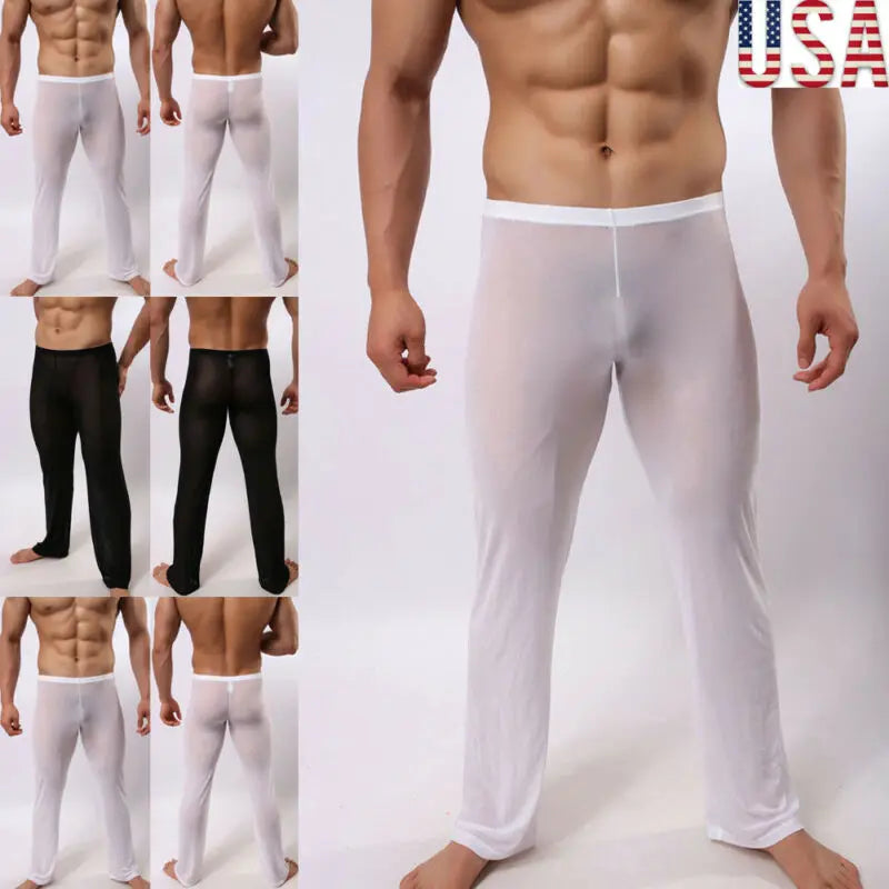 Hiriginr Men's Sexy Soft Mesh Sheer See-through Stretch Pants Trousers Sleepwear Hot Transparent Men Pants Homewear