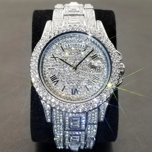 New Day Date Watch For Men Luxury Full Diamond Silver Quartz