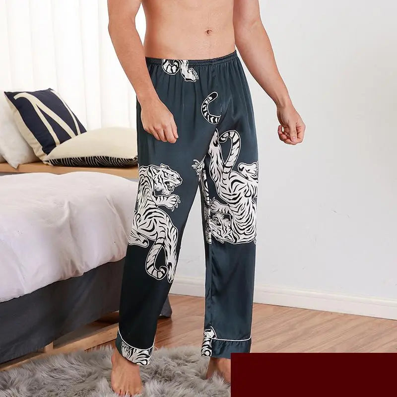 Men's Sleep Bottoms PritnSatin Sleepwear Soft Nightgown Pants