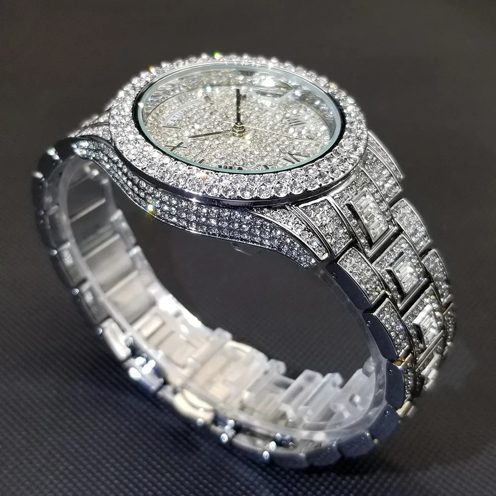 New Day Date Watch For Men Luxury Full Diamond Silver Quartz