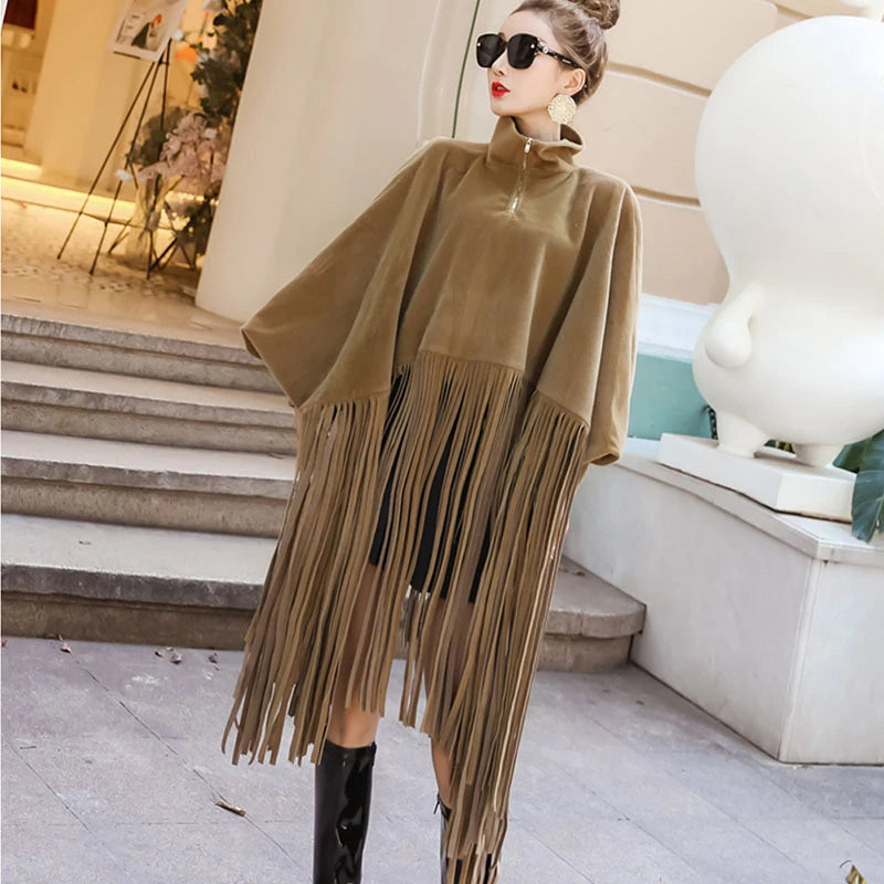 Autumn Black Jacket Loose Tassels Turtleneck Top