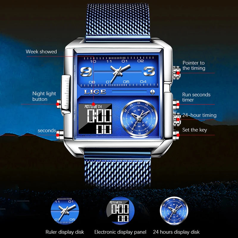 LIGE Luxury Men Quartz Digital Watch Creative Sport Watch