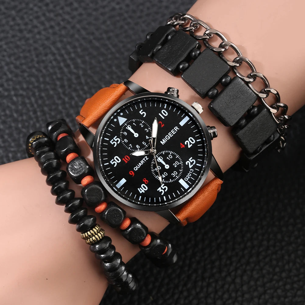 New Male Watch Luxury Bracelet Set Fashion Business Brown Leather Quartz Wrist Watches for Men Gift Set