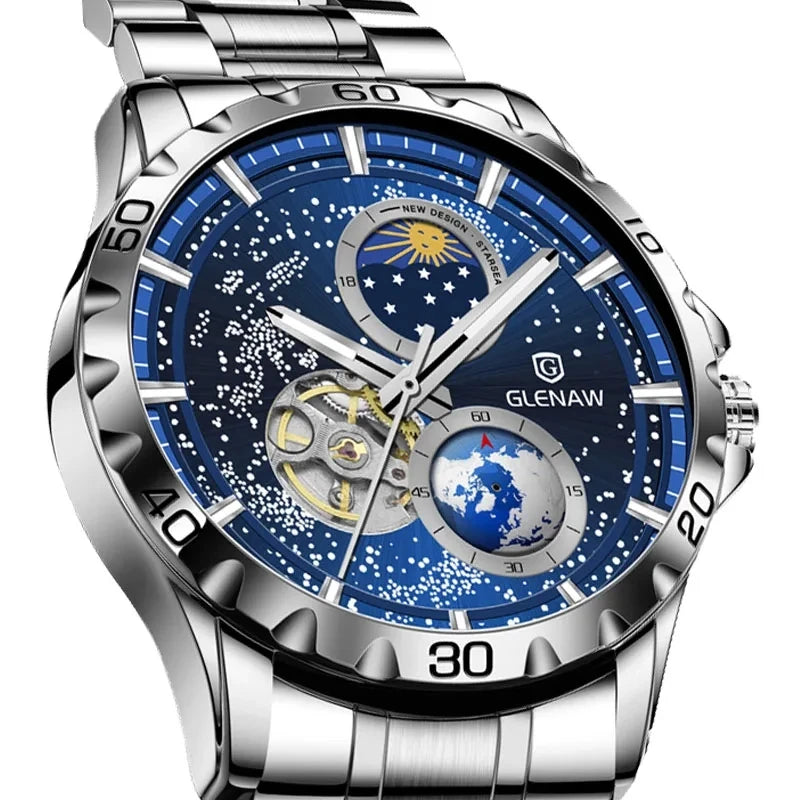 GLENAW Rotating Earth Double Second Hand Wrist Watch