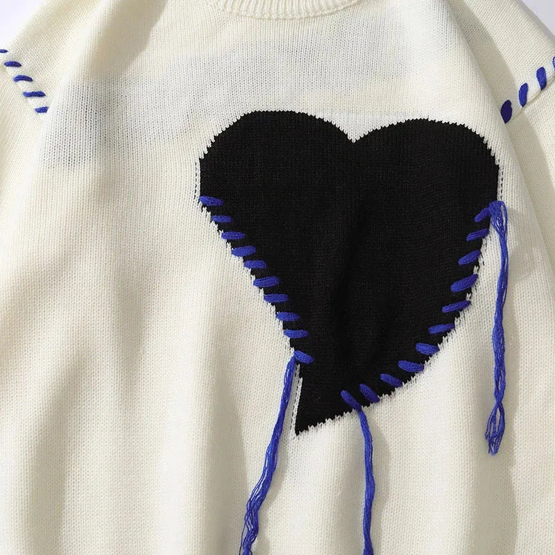 Harajuku Heart-shape Pattern Tassel Knitted Men's Sweater