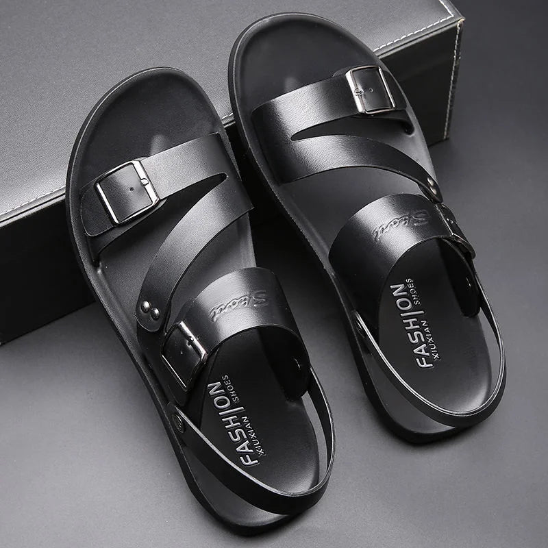 Fashion Comfortable Men's Sandals Solid Color Open Toe Mens Leather Sandals 2023 New Slippers Beach for Male Leather Footwear