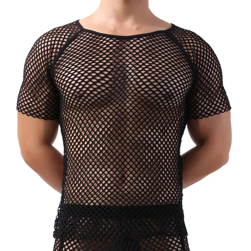 Mens Sexy Mesh See-Through Shirts Short Sleeve Nightclub Sheer T-Shirt