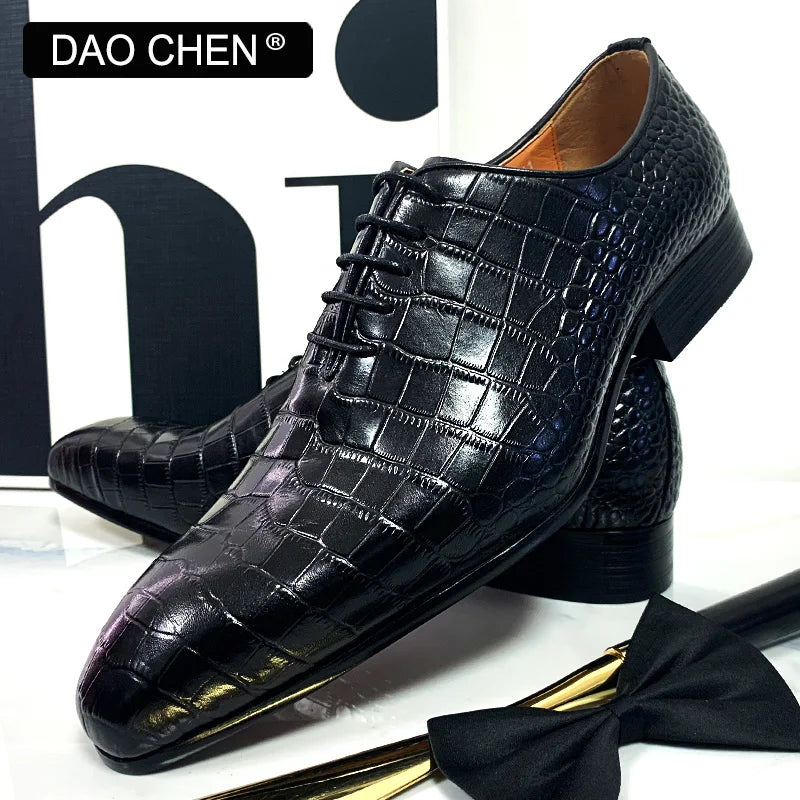 Leather Embossed Crocodile Men's Lace Up Dress Shoe