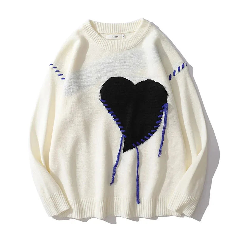 Harajuku Heart-shape Pattern Tassel Knitted Men's Sweater