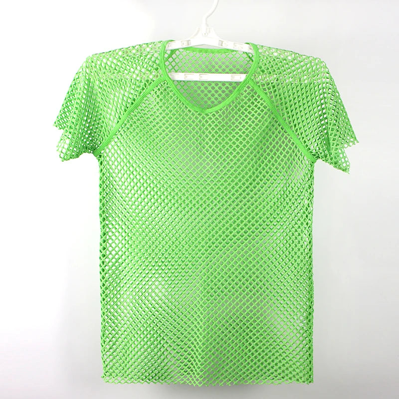 Mens Sexy Mesh See-Through Shirts Short Sleeve Nightclub Sheer T-Shirt