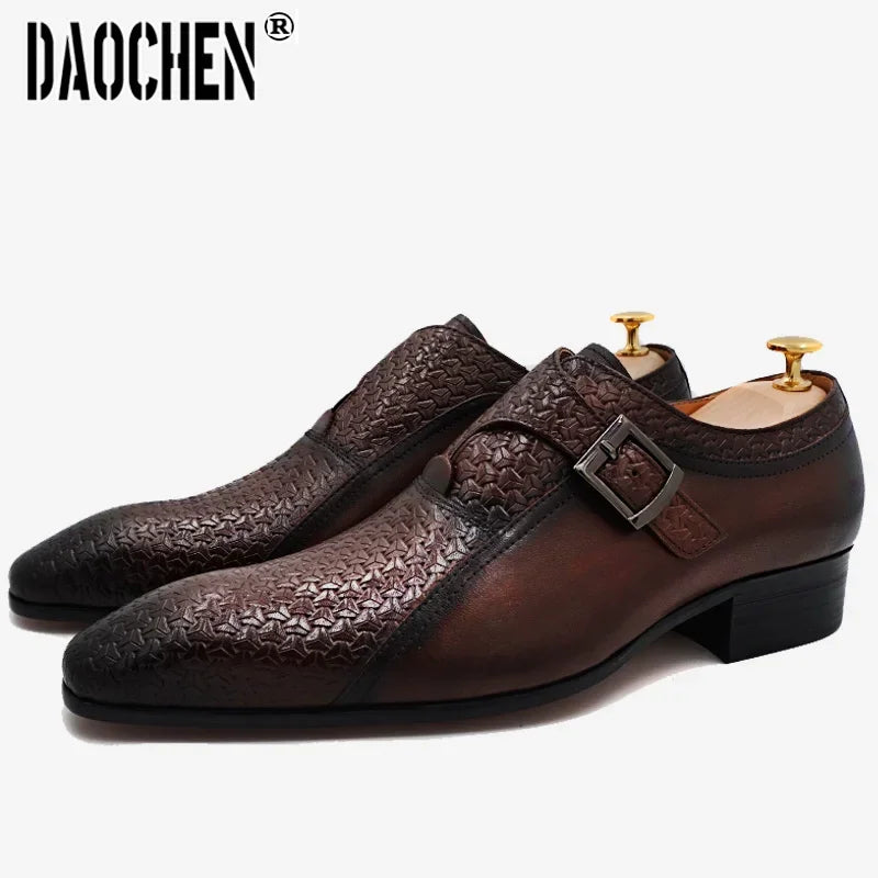 Leather Men Loafers Shoes Fashion Prints Buckle Strap Men Dress Casual Shoe