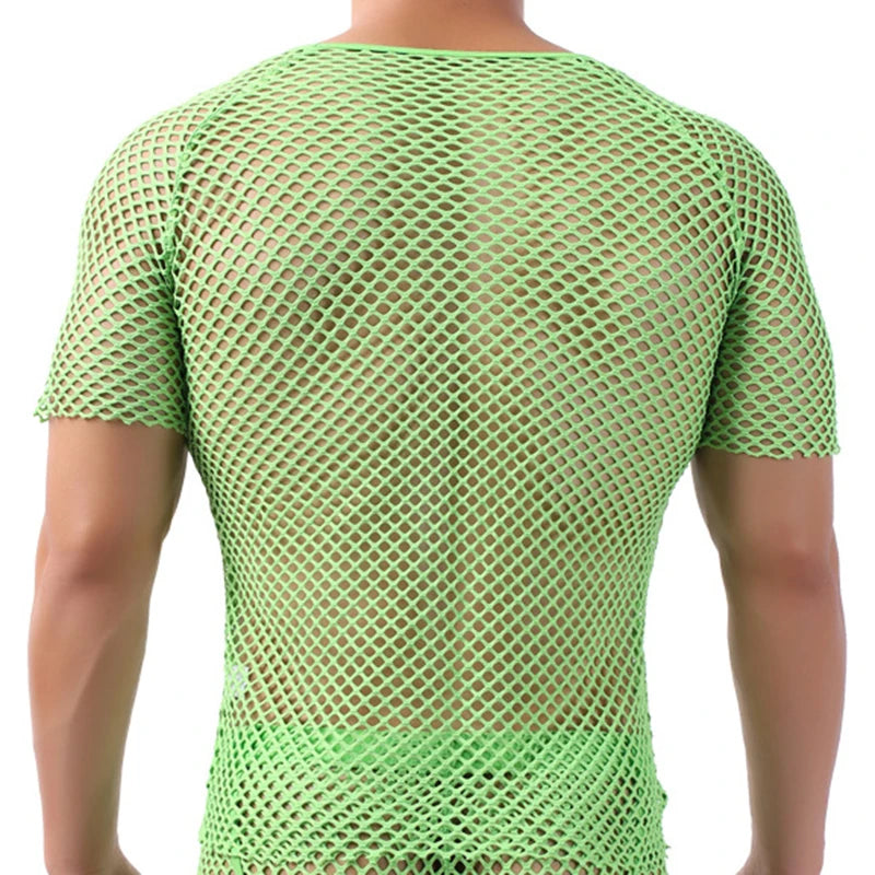 Mens Sexy Mesh See-Through Shirts Short Sleeve Nightclub Sheer T-Shirt