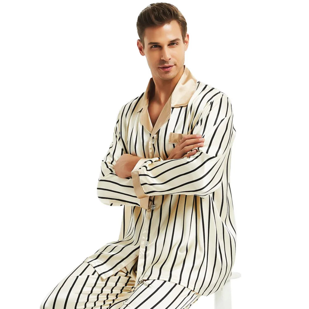 Mens Silk Satin Striped Pajamas Set