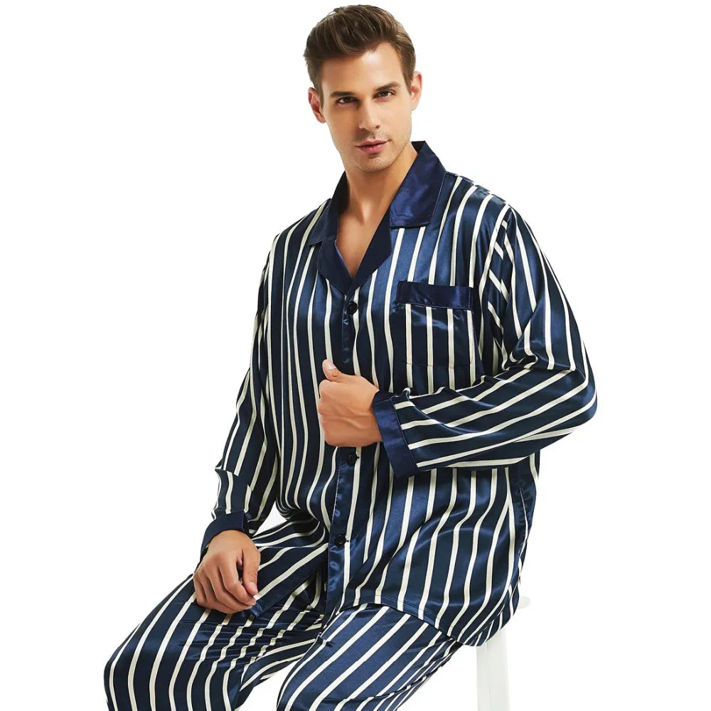 Mens Silk Satin Striped Pajamas Set