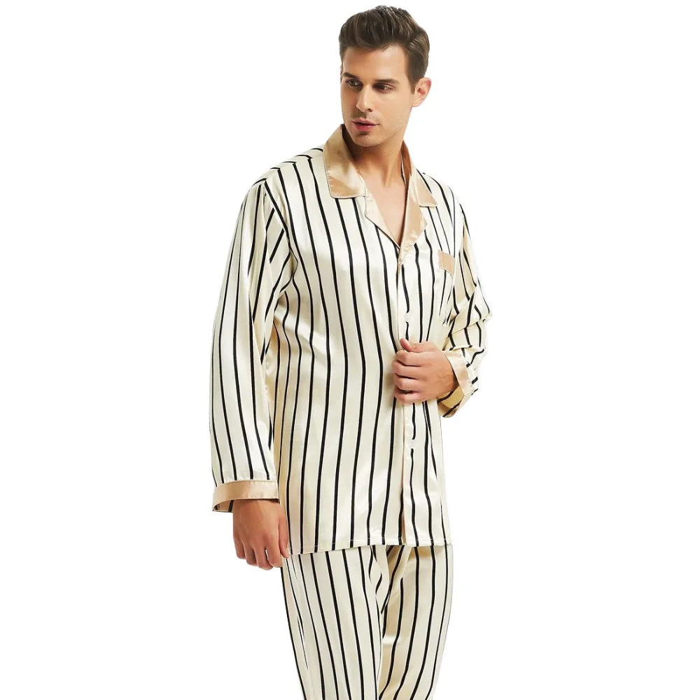 Mens Silk Satin Striped Pajamas Set