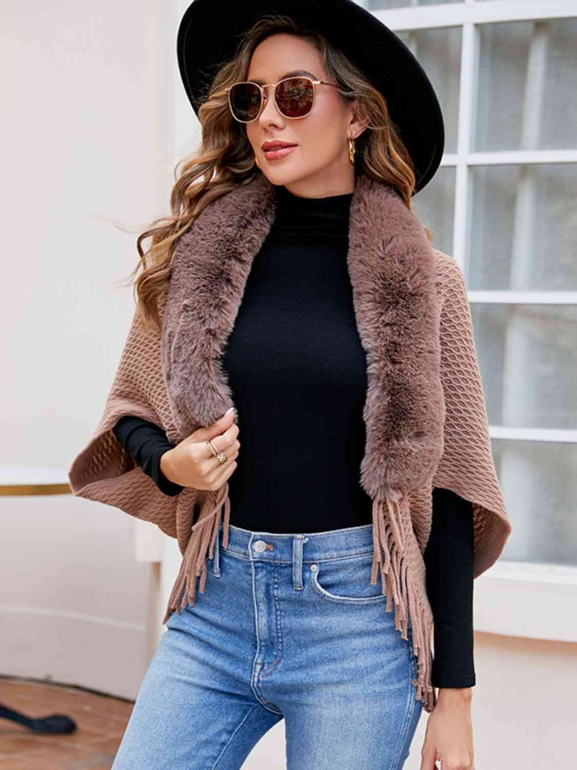 Open Front Faux Fur Trim  Poncho