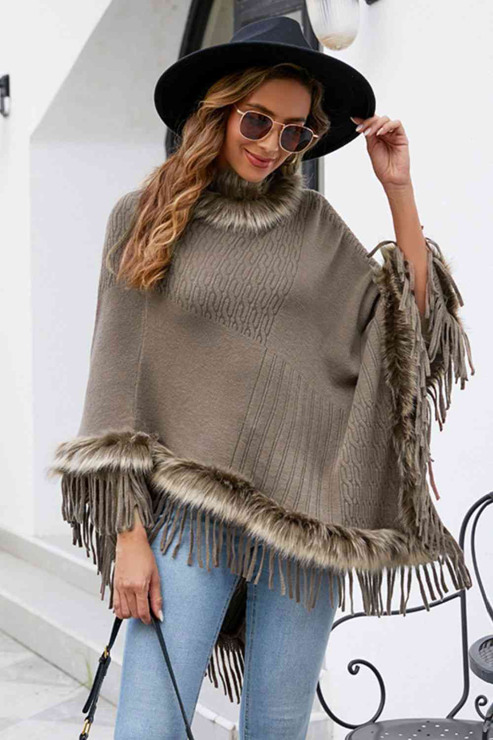 Faux Fur Trim Poncho