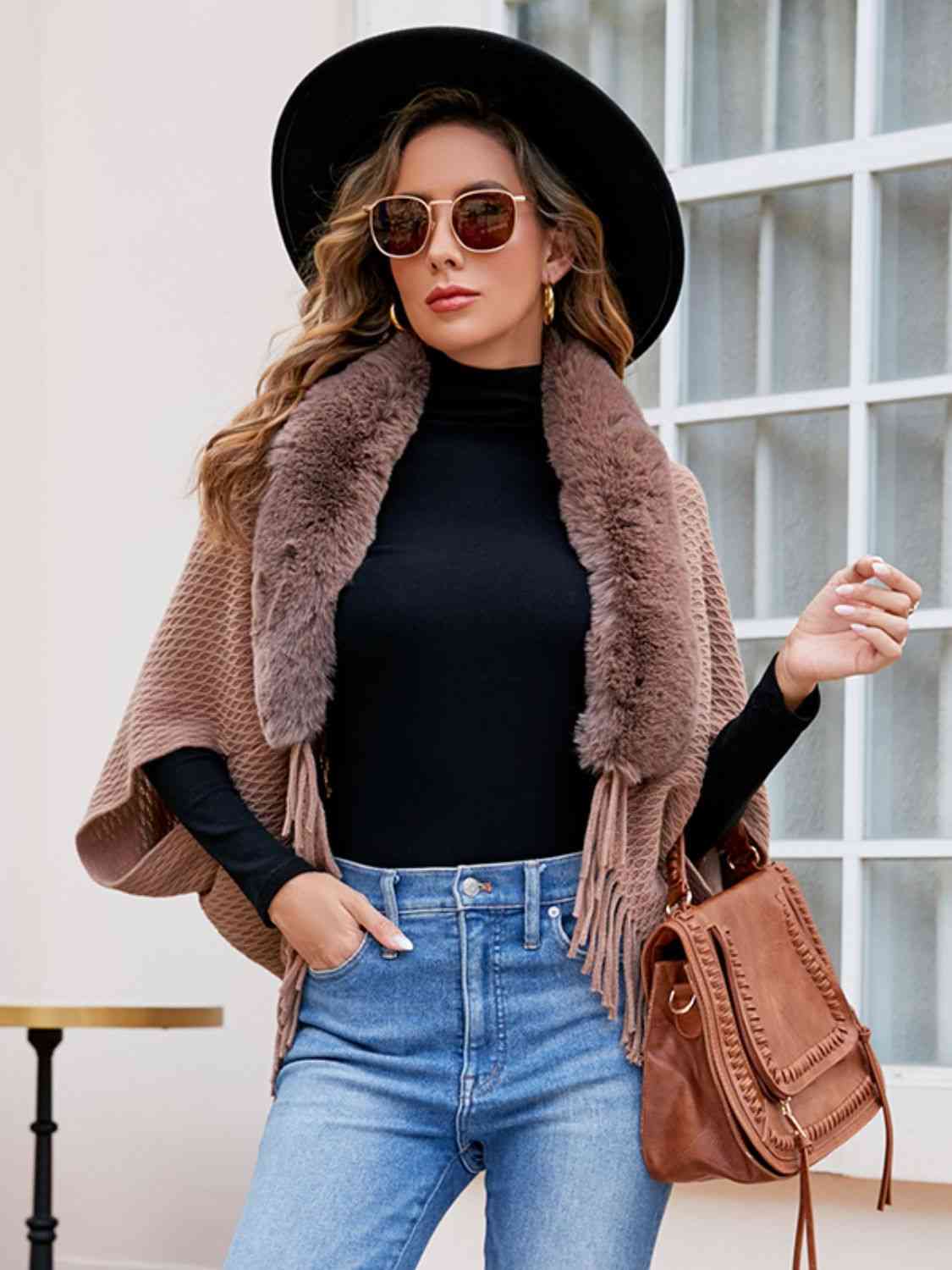 Open Front Faux Fur Trim  Poncho