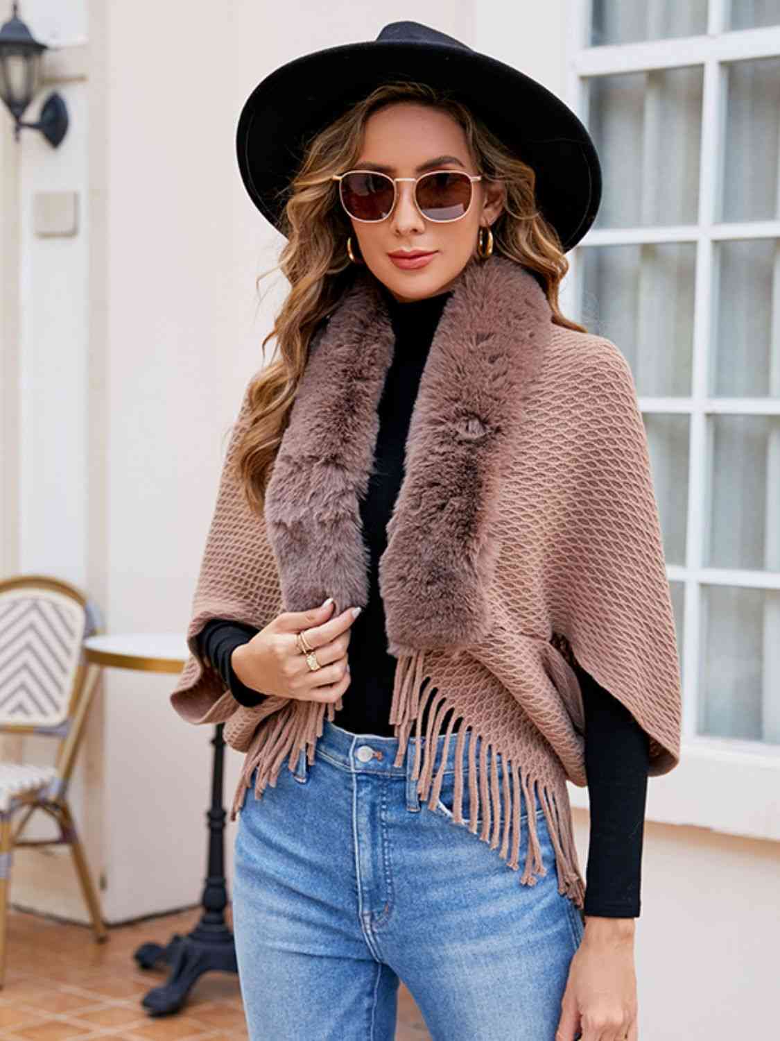 Open Front Faux Fur Trim  Poncho